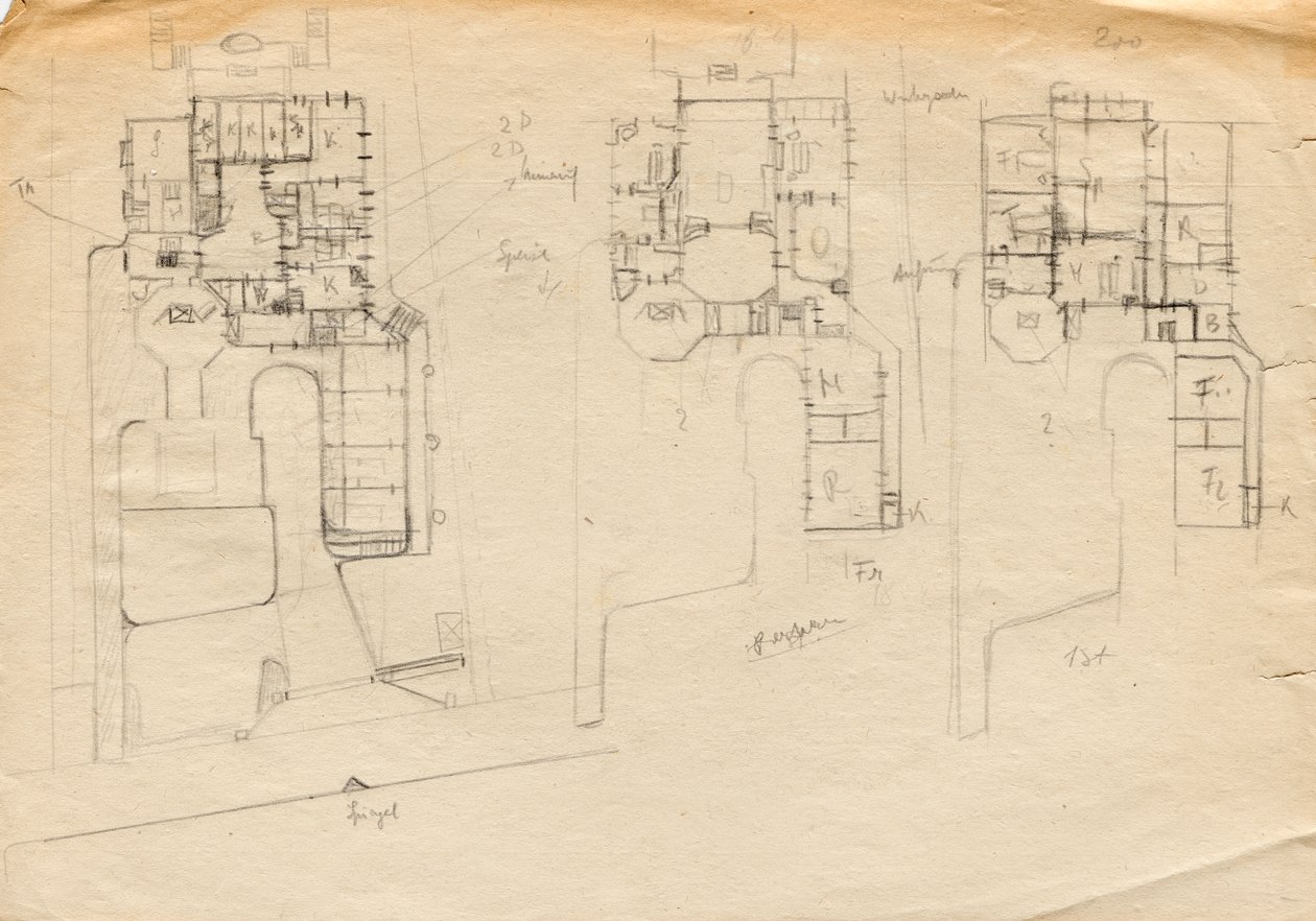 Croquis de conception pour la villa atelier de Matsch - Plan de trois étages - Franz von Matsch