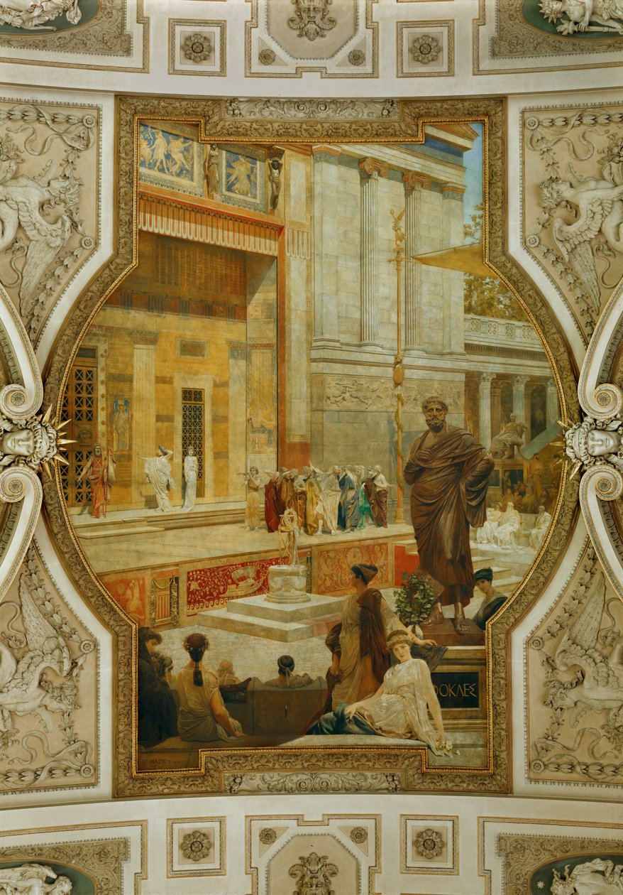 Burgtheater de Vienne, escalier : fresque au plafond Théâtre Dionysos d