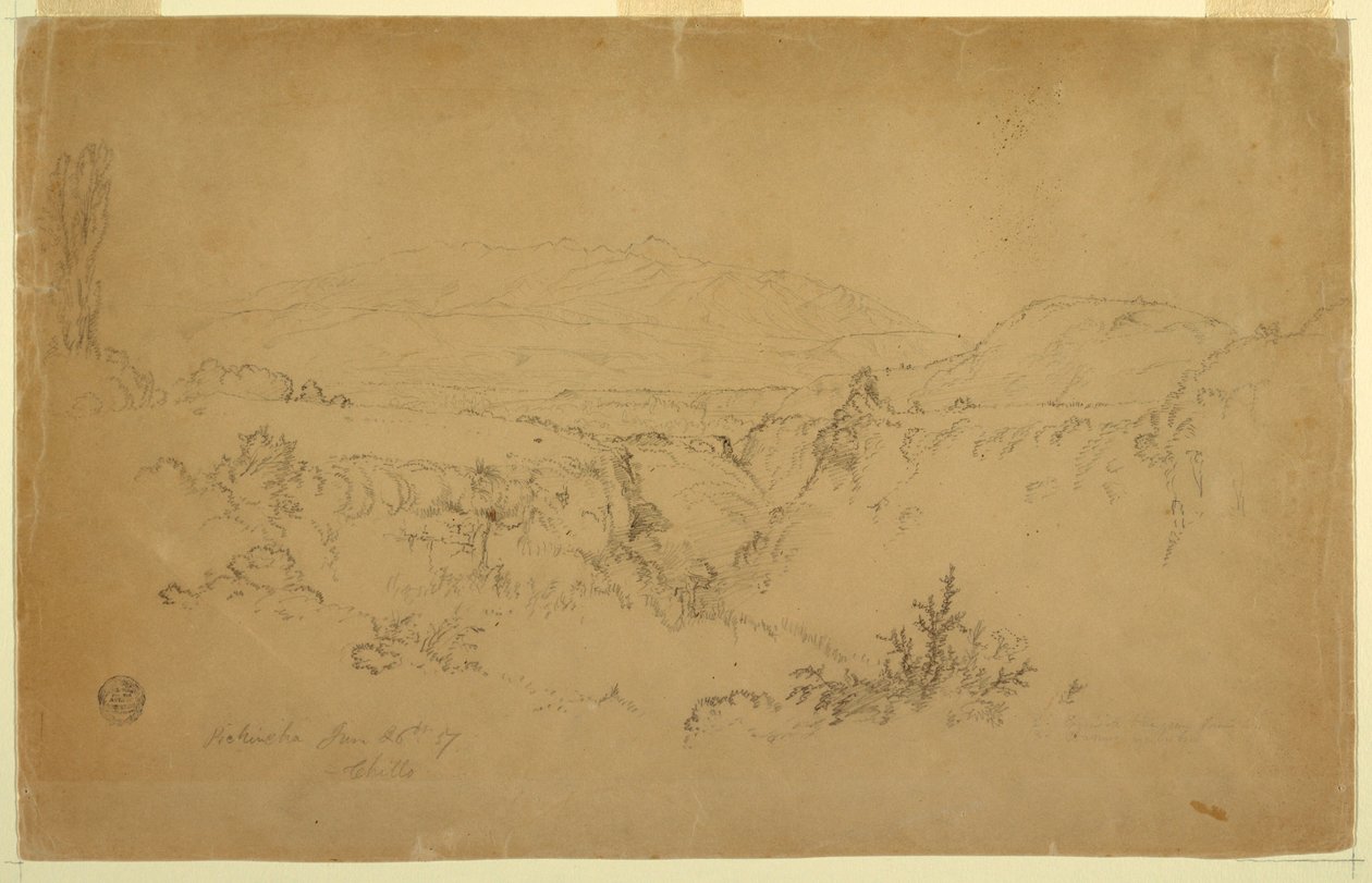 Dessin, Vue du mont Pichincha depuis Chillo, Équateur, 26 juin 1857 - Frederic Edwin Church
