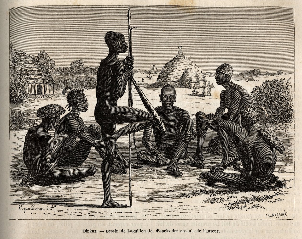 Dinkas du village de Koudj (Sénégal), dont le corps couvert de cendres, pour les protéger des insectes et parasites, est aussi une caractéristique cosmétique et sociale. Gravure d
