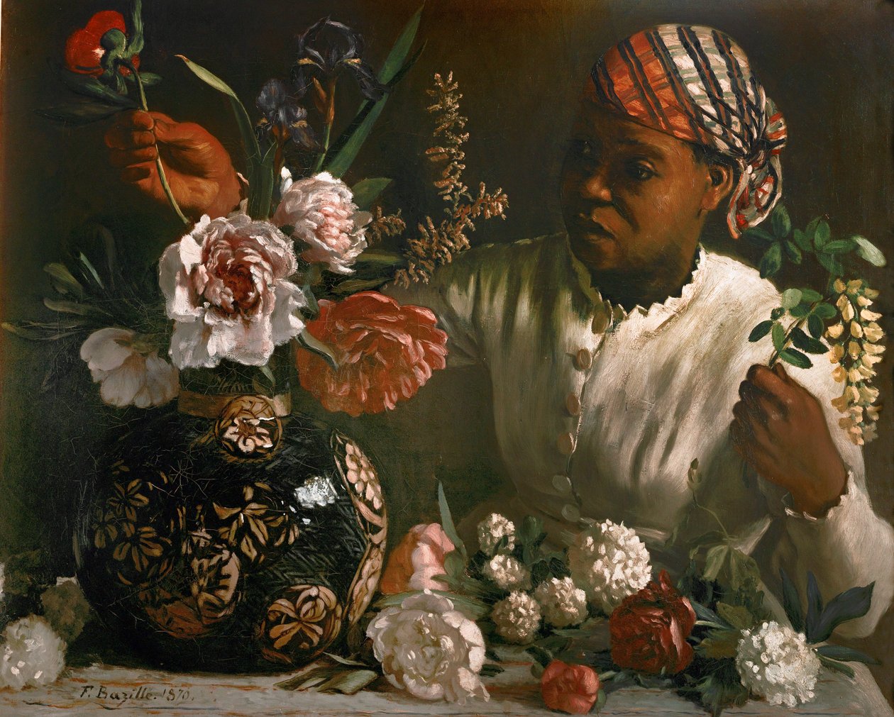 Femme noire avec pivoines ... (huile sur toile) - Frédéric Bazille