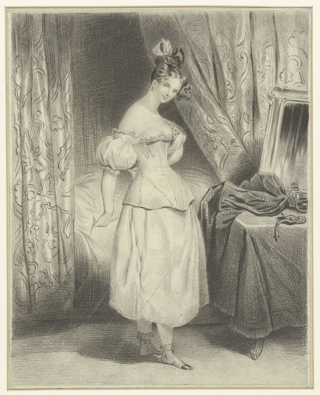 Jeune femme dans une chambre à coucher, dénouant son corset - Frederic Bouchot