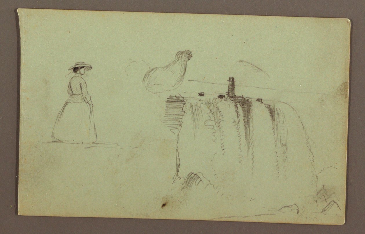 Une fille marchant, un poulet accroupi et les chutes américaines sur la rivière Niagara - Frederic Edwin Church