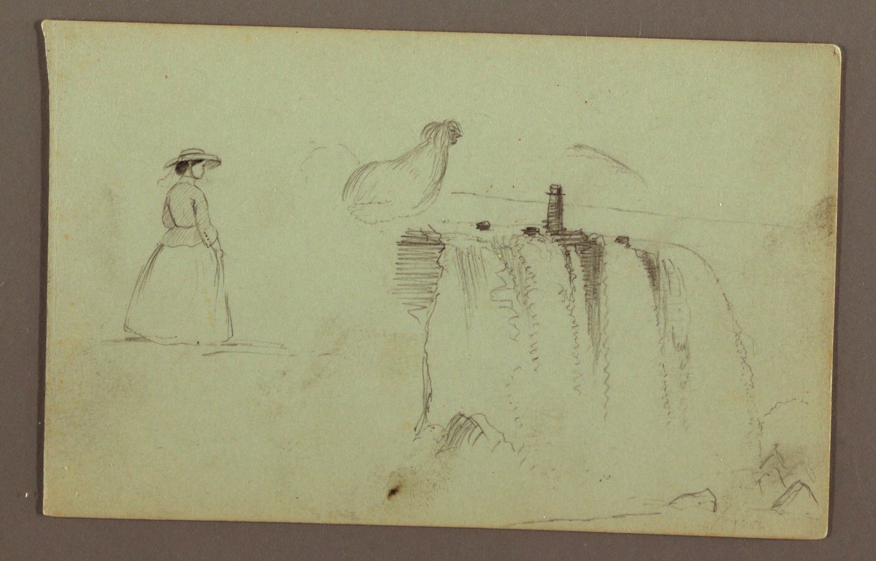 Dessin, Une jeune fille qui marche, un poulet accroupi et les chutes américaines sur la rivière Niagara, peut-être 1856 - Frederic Edwin Church