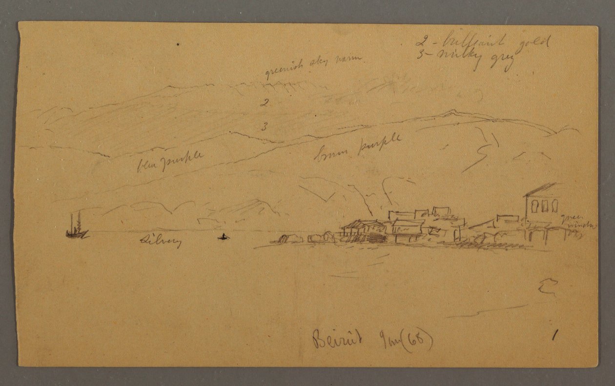 Dessin, baie avec des maisons, montagnes derrière, janvier 1868 - Frederic Edwin Church