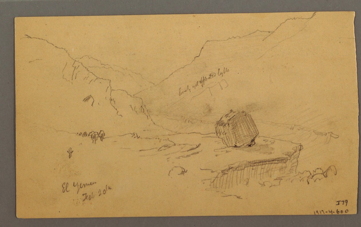 Dessin, baie avec des maisons, montagnes derrière, janvier 1868 - Frederic Edwin Church