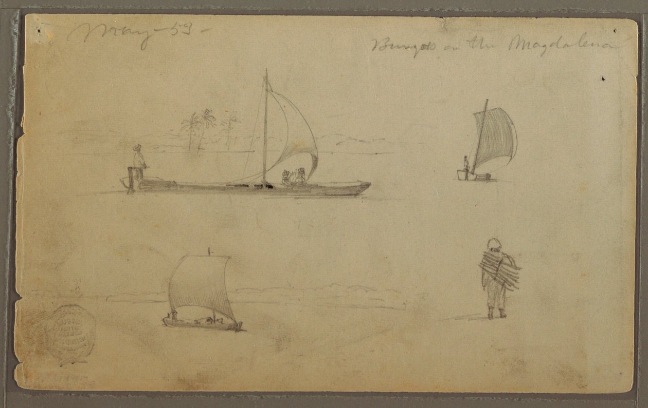 Dessin, Bungoes : Croquis de voiliers et de travailleurs, le long du Rio Magdalena, Colombie, mai 1853 - Frederic Edwin Church