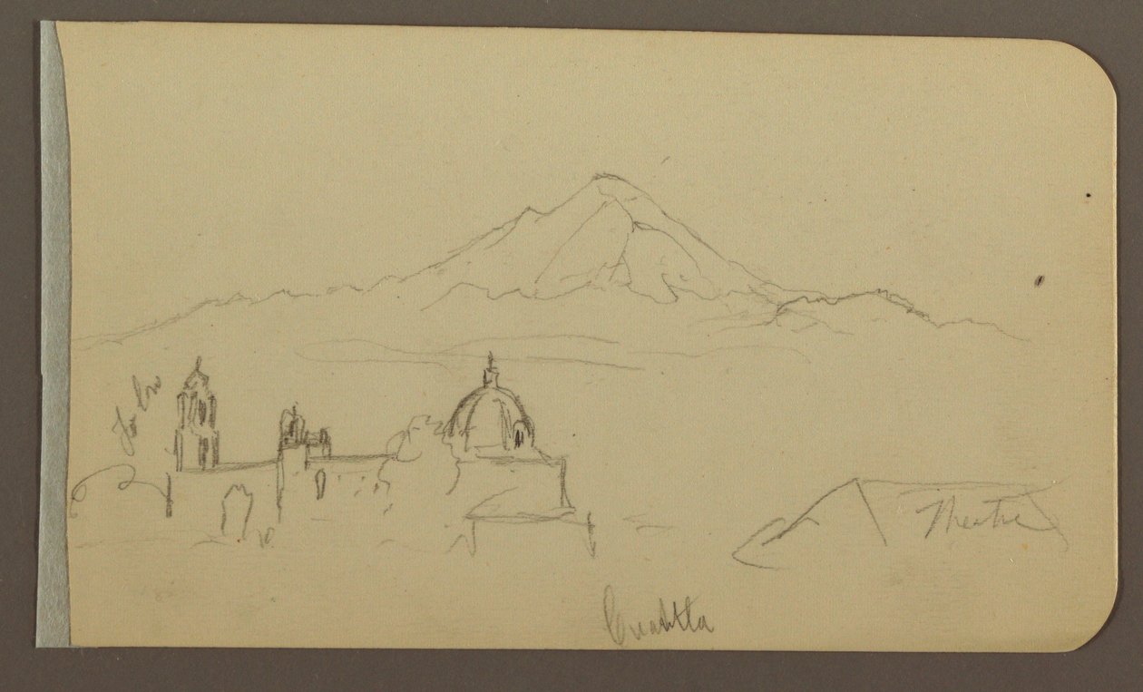 Dessin, cathédrale, montagne, Cuautla ; Verso : maison, église, arbre Cuautla, février 1885 - Frederic Edwin Church
