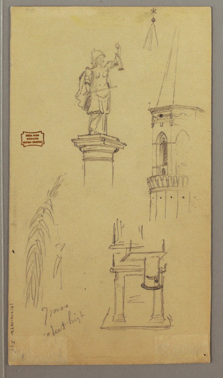 Dessin, église, bâtiment, pont couvert, peut-être 1868-69 - Frederic Edwin Church