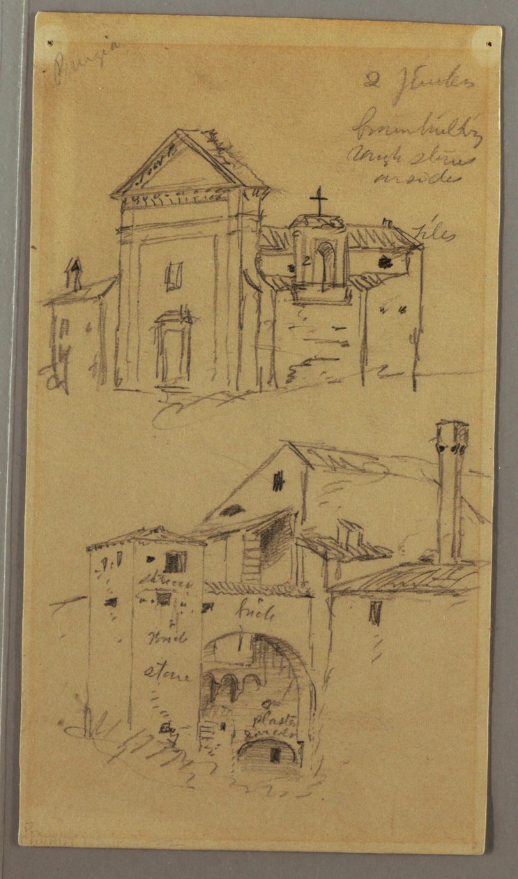 Dessin, église, bâtiment, pont couvert, peut-être 1868-69 - Frederic Edwin Church