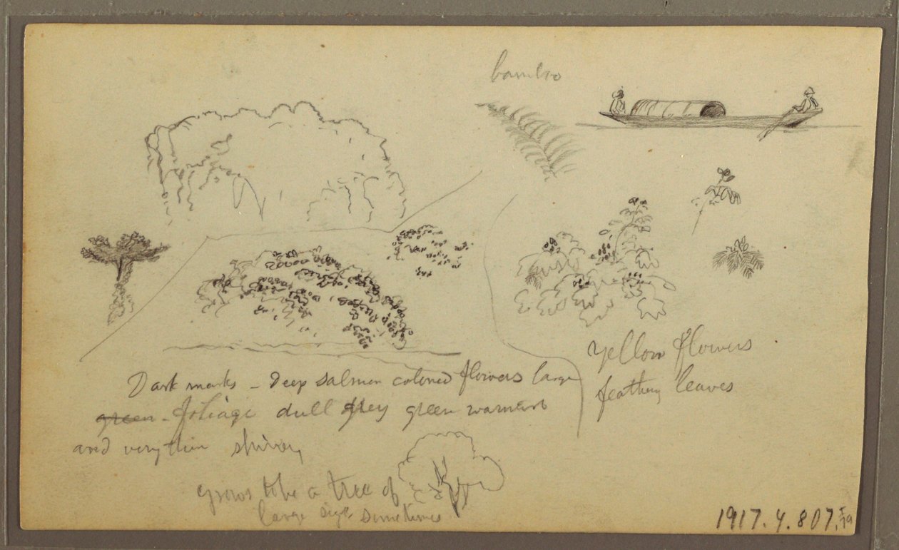 Dessin, église, tours ; Verso : figures en canoë, croquis botaniques, 1857 - Frederic Edwin Church
