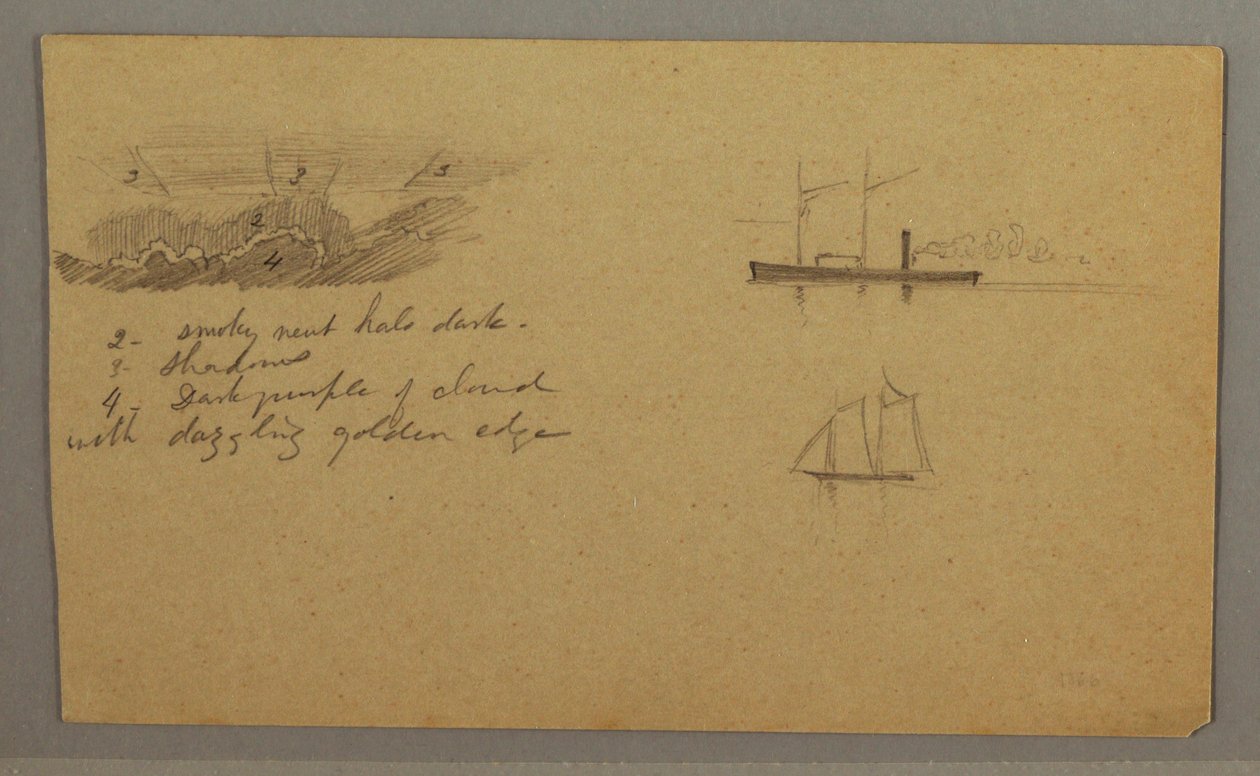 Dessin, étude de nuages, bateau à vapeur, voilier, peut-être 1865-66 - Frederic Edwin Church