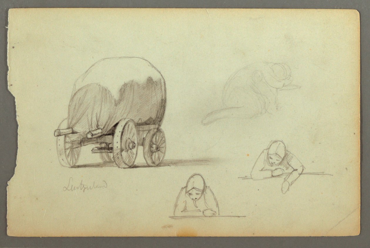 Dessin, chariot couvert, trois études de femme, peut-être 1868 - Frederic Edwin Church