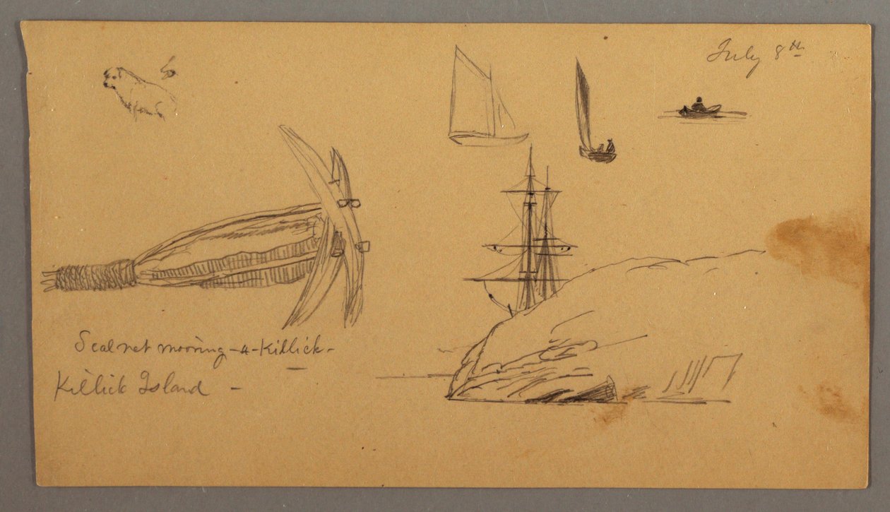 Dessin, chien, études de voilier, ancre, falaises, peut-être 8 juillet 1859 - Frederic Edwin Church