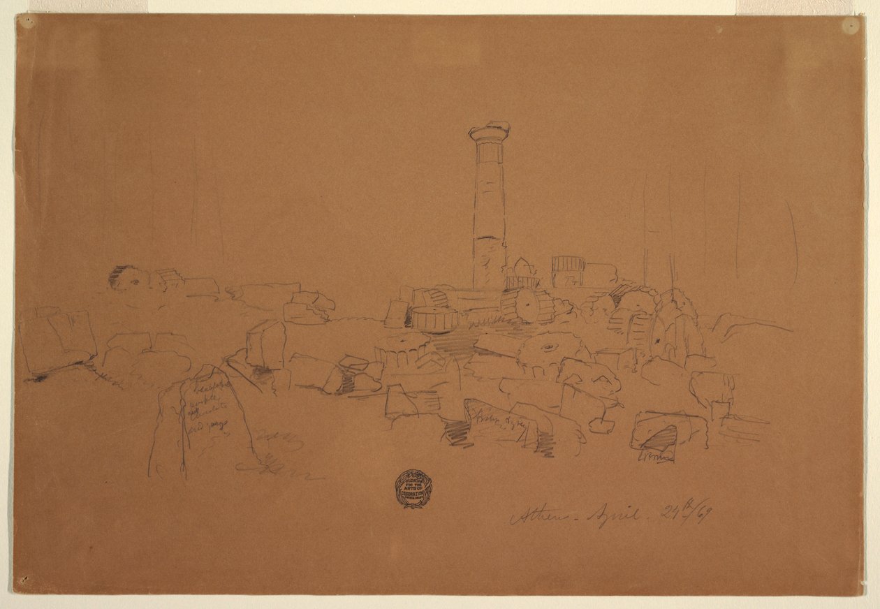 Dessin, colonne tombée, temple de Zeus olympien, Athènes, 24 avril 1869 - Frederic Edwin Church