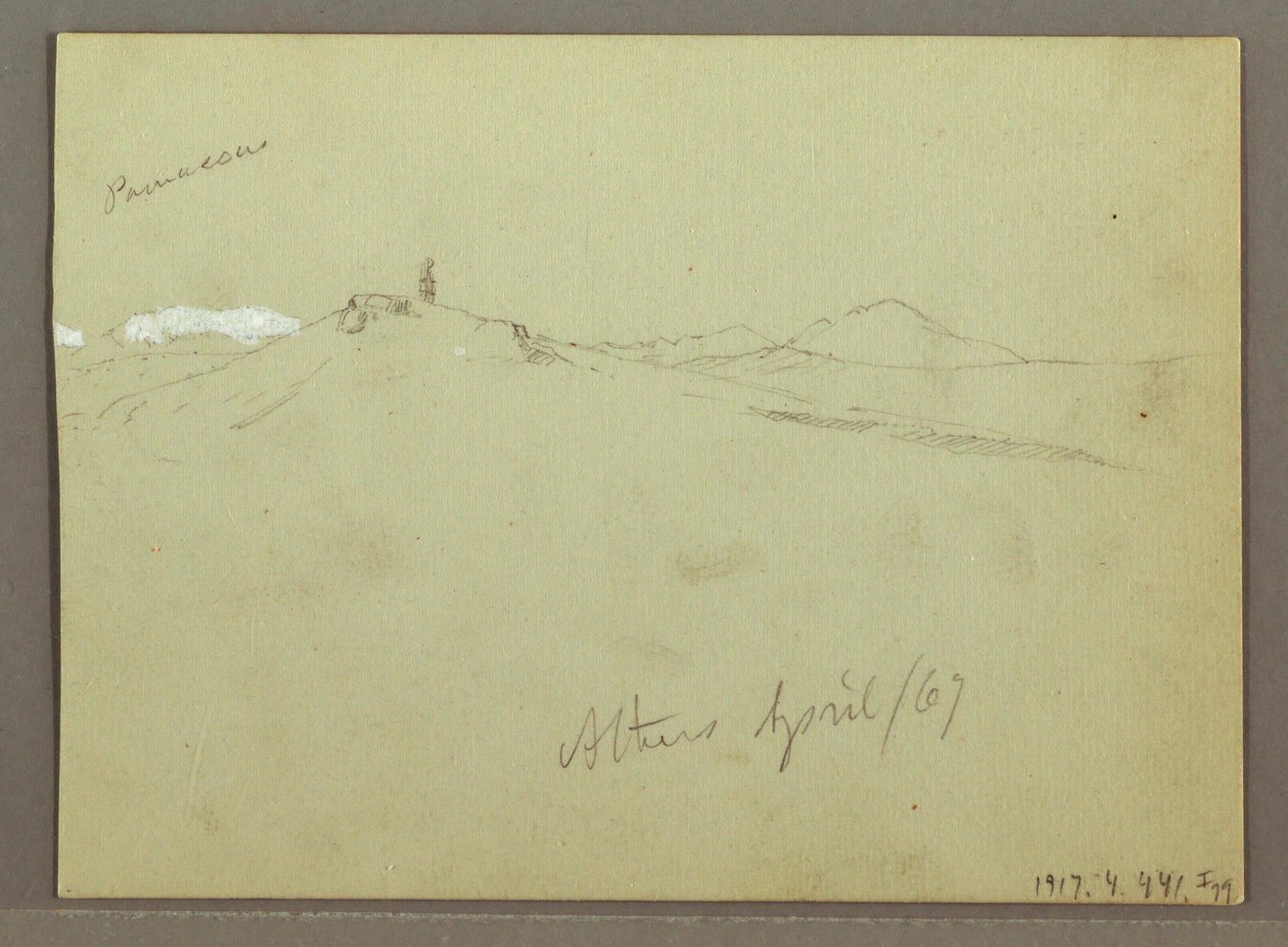 Dessin, Troupeau de moutons et berger, chaînes de montagnes enneigées, avril 1869 - Frederic Edwin Church