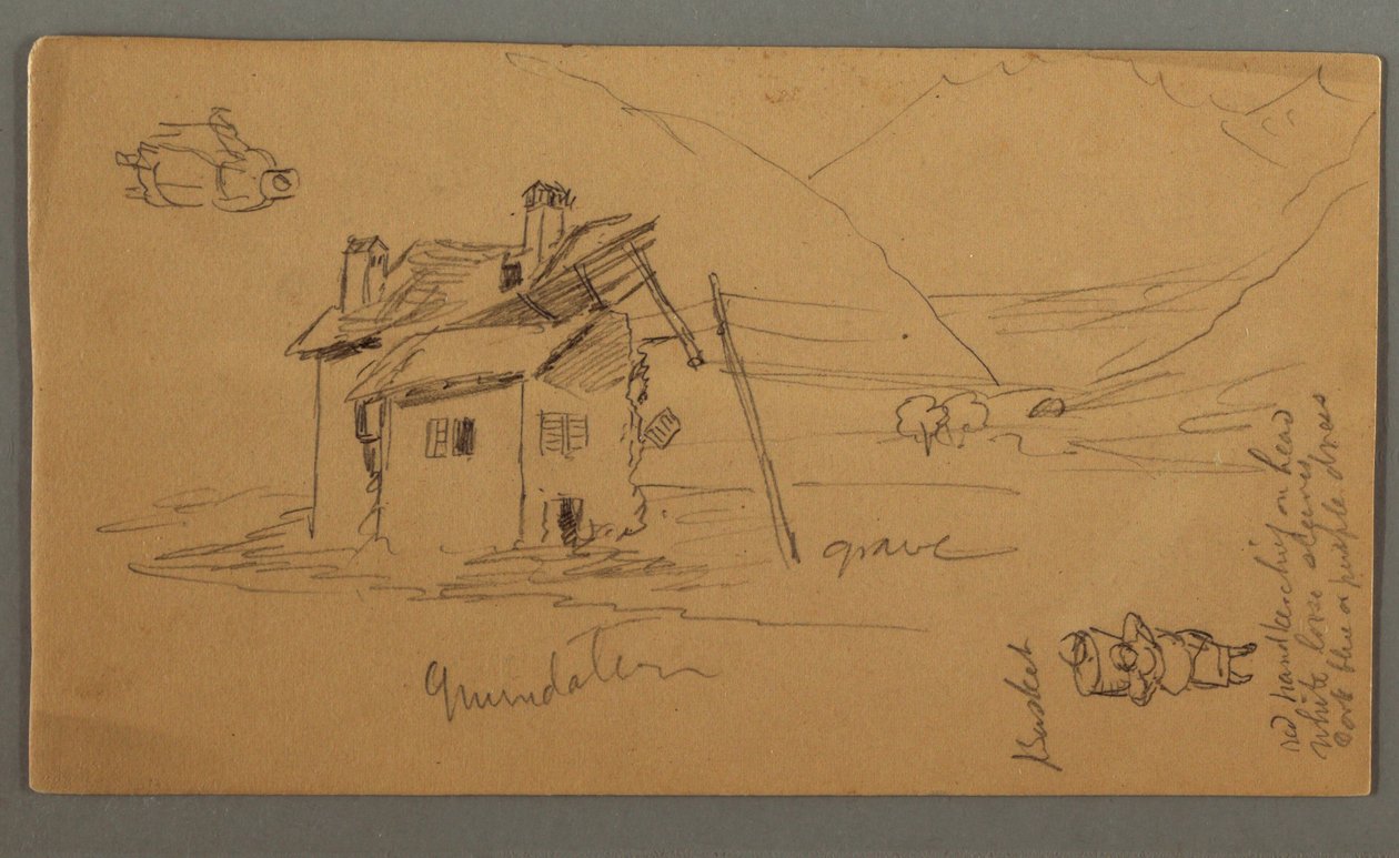 Dessin, Maison Hlaf-Ruinée dans la vallée, deux figures, 1868 - Frederic Edwin Church