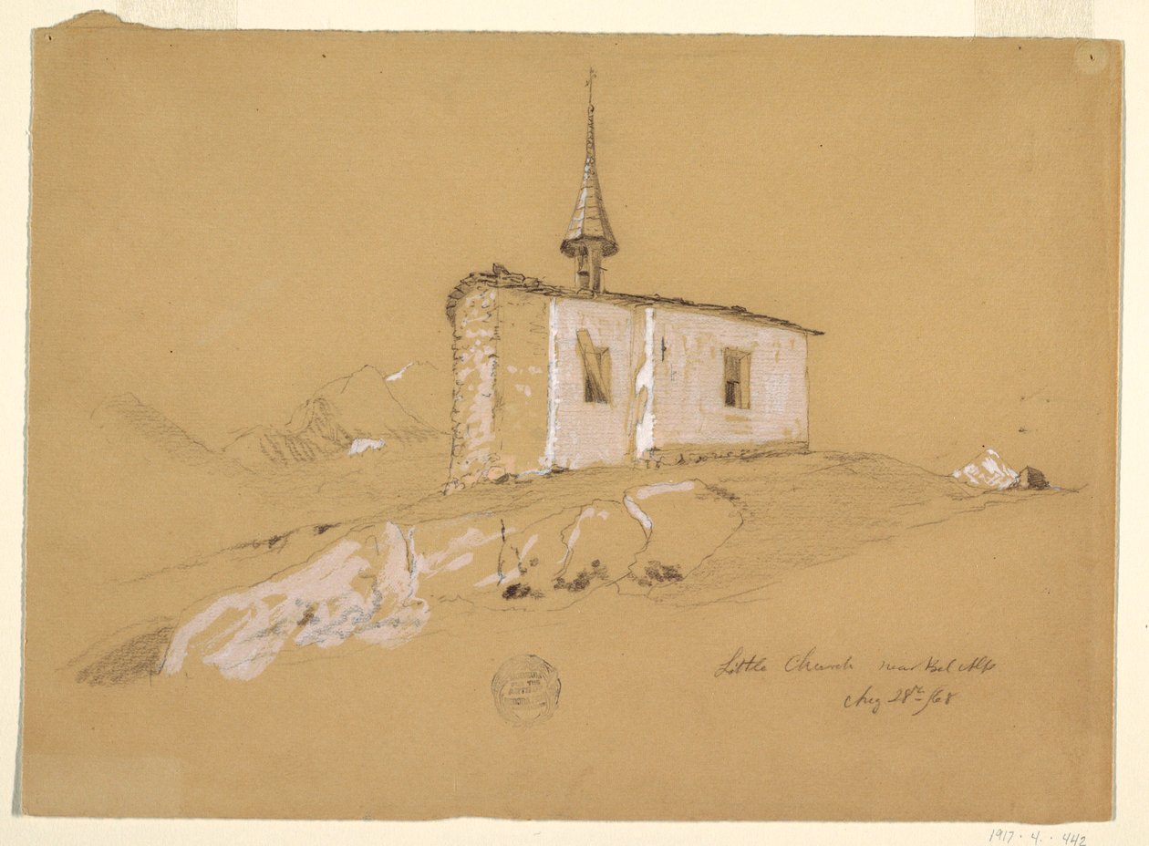 Dessin, "Petite église près de Bel Arp", Alpes bernoises, Suisse, 28 août 1868 - Frederic Edwin Church