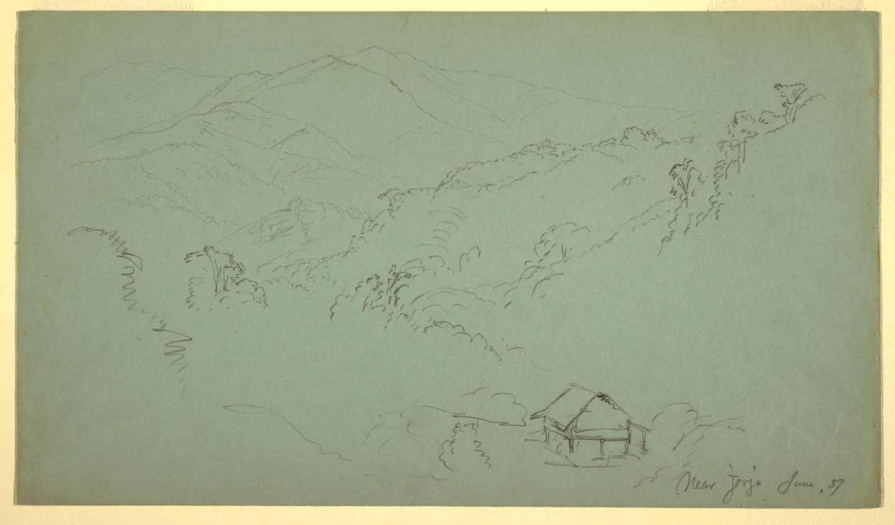 Dessin, paysage de montagne, maison, "près de Jorje", Équateur, juin 1857 - Frederic Edwin Church