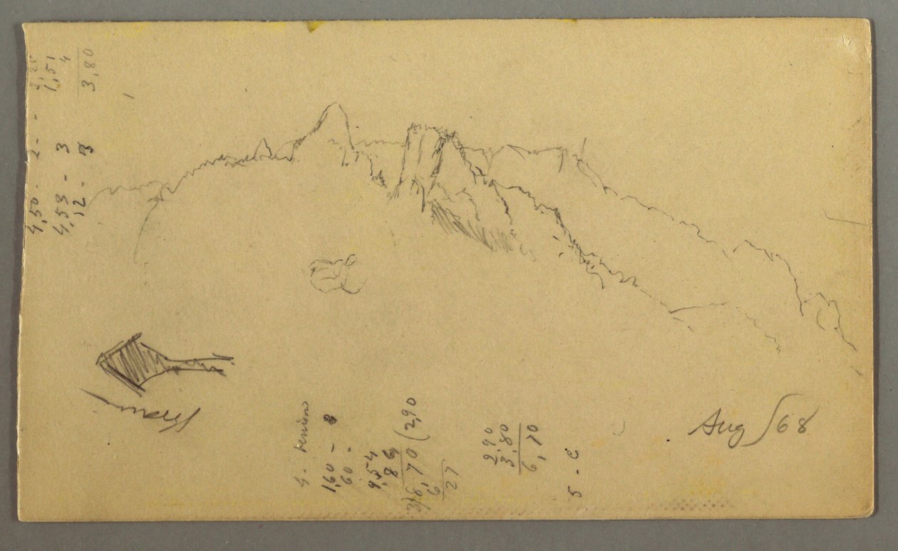 Dessin, pics montagneux, sanctuaire au bord de la route, août 1868 - Frederic Edwin Church