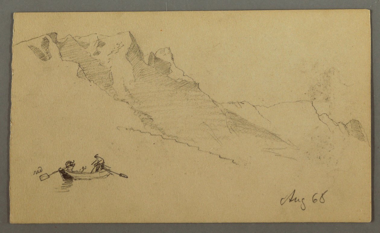 Dessin, Pics montagneux, deux personnages dans une barque, août 1868 - Frederic Edwin Church