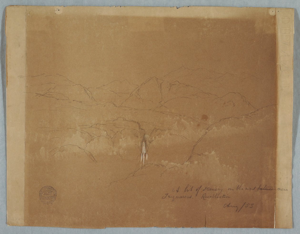Dessin, Paysage montagneux avec une cascade, près de Tuquerres, Colombie, août 1853 - Frederic Edwin Church