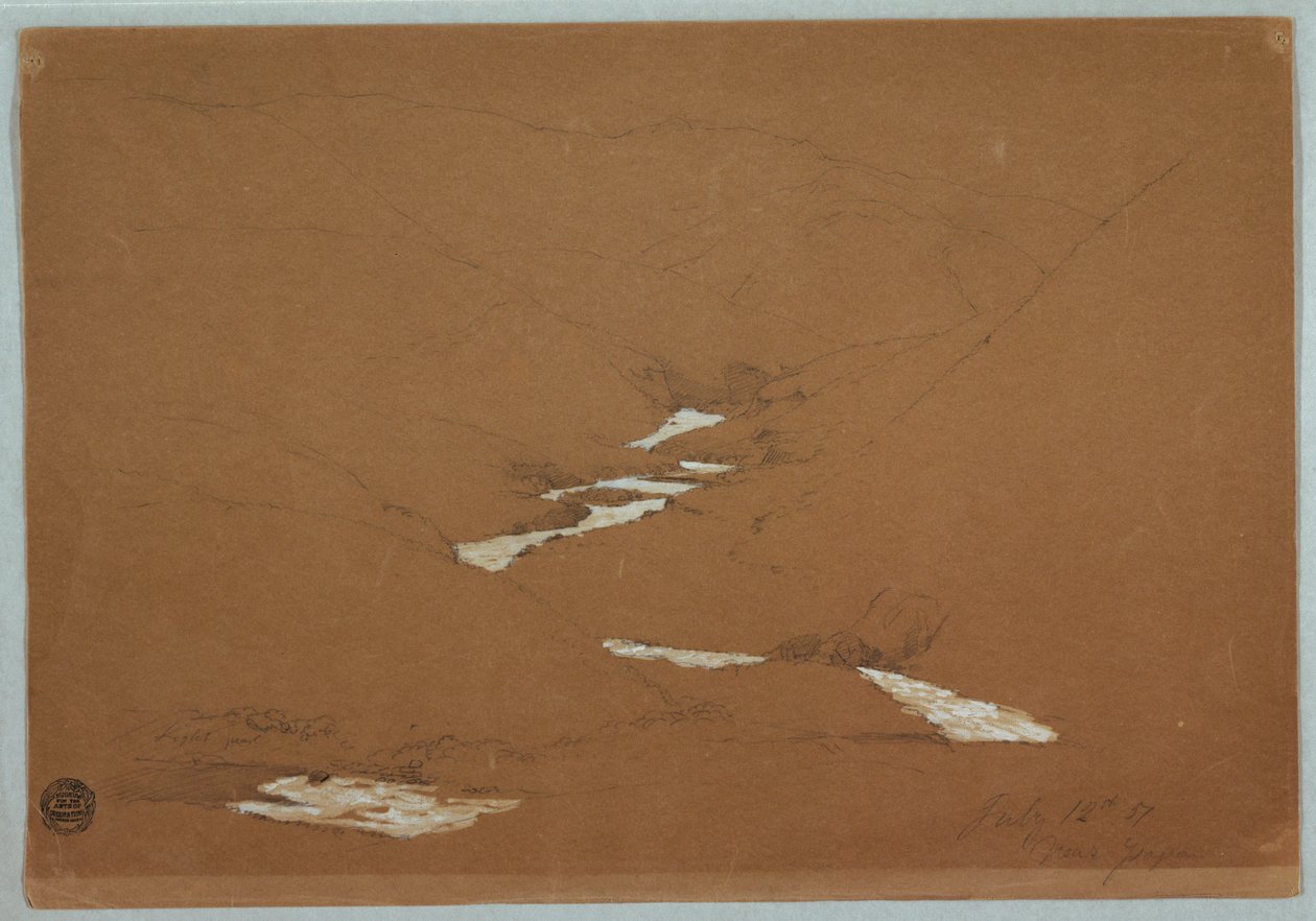 Dessin, vallée montagneuse étroite avec ruisseau en cascade près d