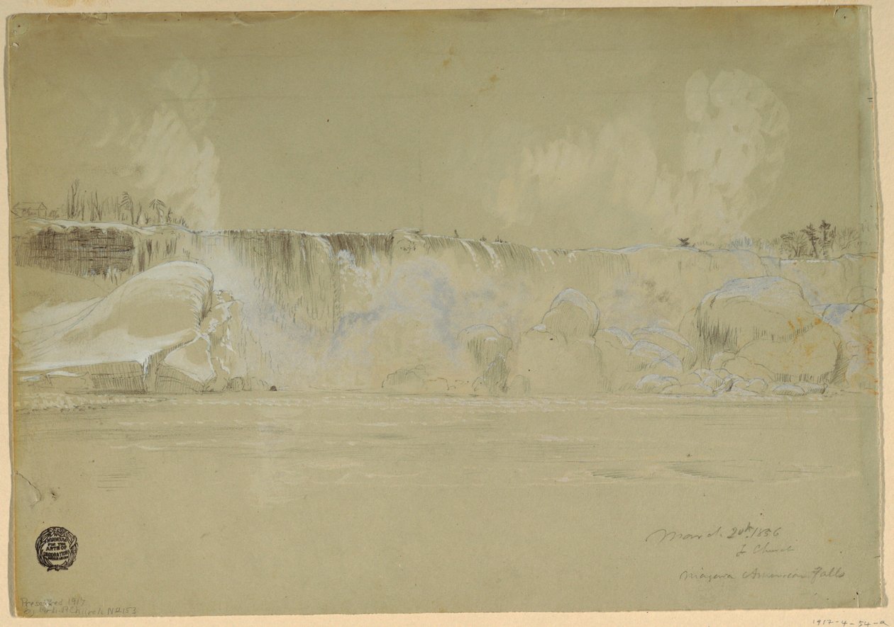 Dessin, chutes du Niagara dans la neige, vue du nord-ouest, 20 mars 1856 - Frederic Edwin Church