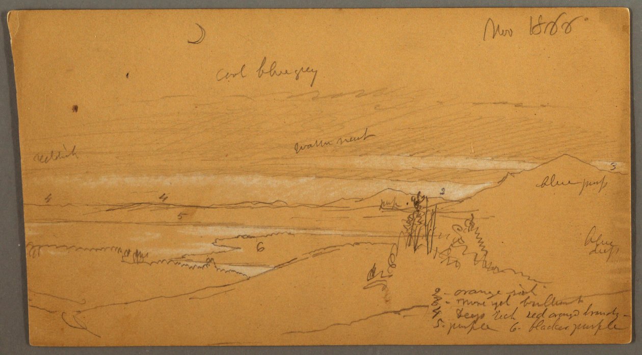 Dessin, rivière dans une vallée montagneuse avec ciel et croissant de lune, novembre 1866 - Frederic Edwin Church