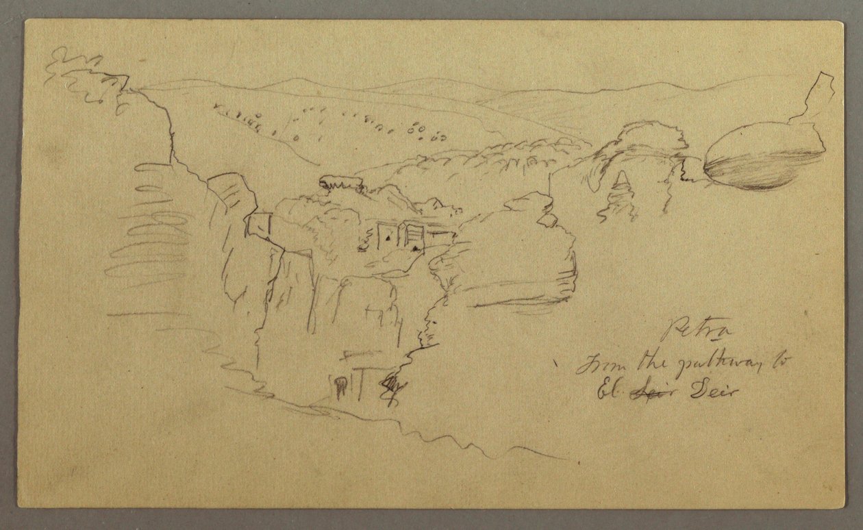 Dessin, Esquisse. Vue de Khirbet en Wasara "Petra / from the parthway to / El Deir", peut-être 1868, 26 février - Frederic Edwin Church
