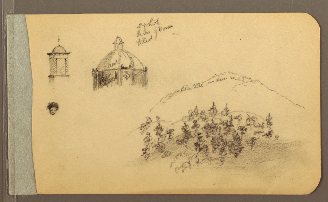 Dessin, clocher, dôme, tête, collines, 1889 - Frederic Edwin Church