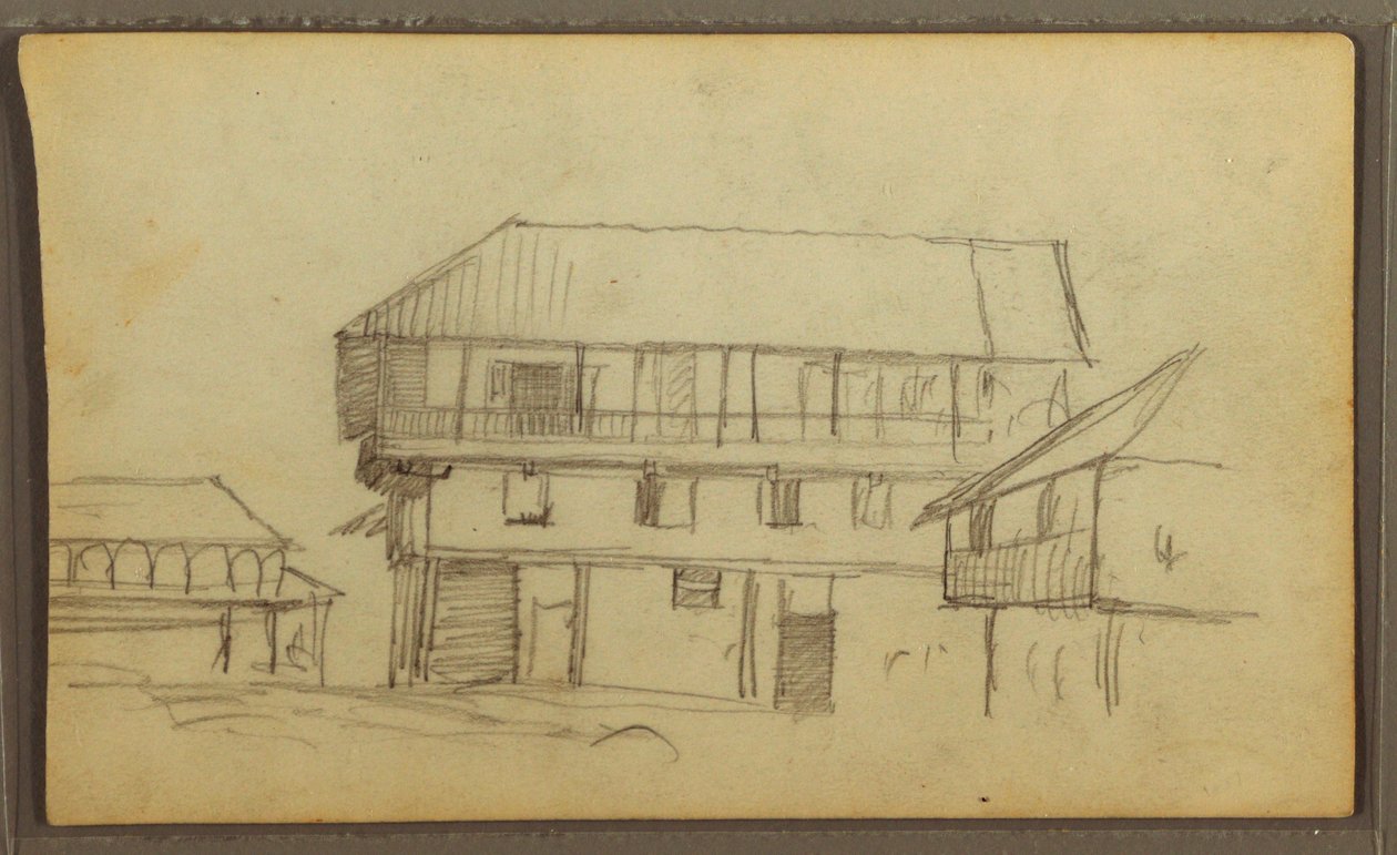 Dessin, coin de rue à Guaquil, Équateur ; Verso : croquis botaniques, maison, Équateur ou Colombie, 1857 - Frederic Edwin Church