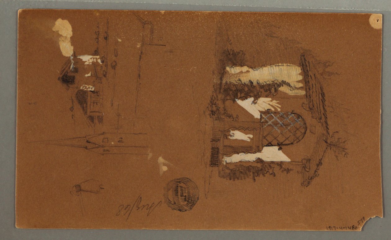 Dessin, études du chalet, homme à la pipe, canards, 1868 - Frederic Edwin Church