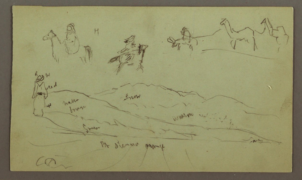Dessin, études de personnages sur des ânes et ânes, personnage sur une colline, peut-être 1868 - Frederic Edwin Church