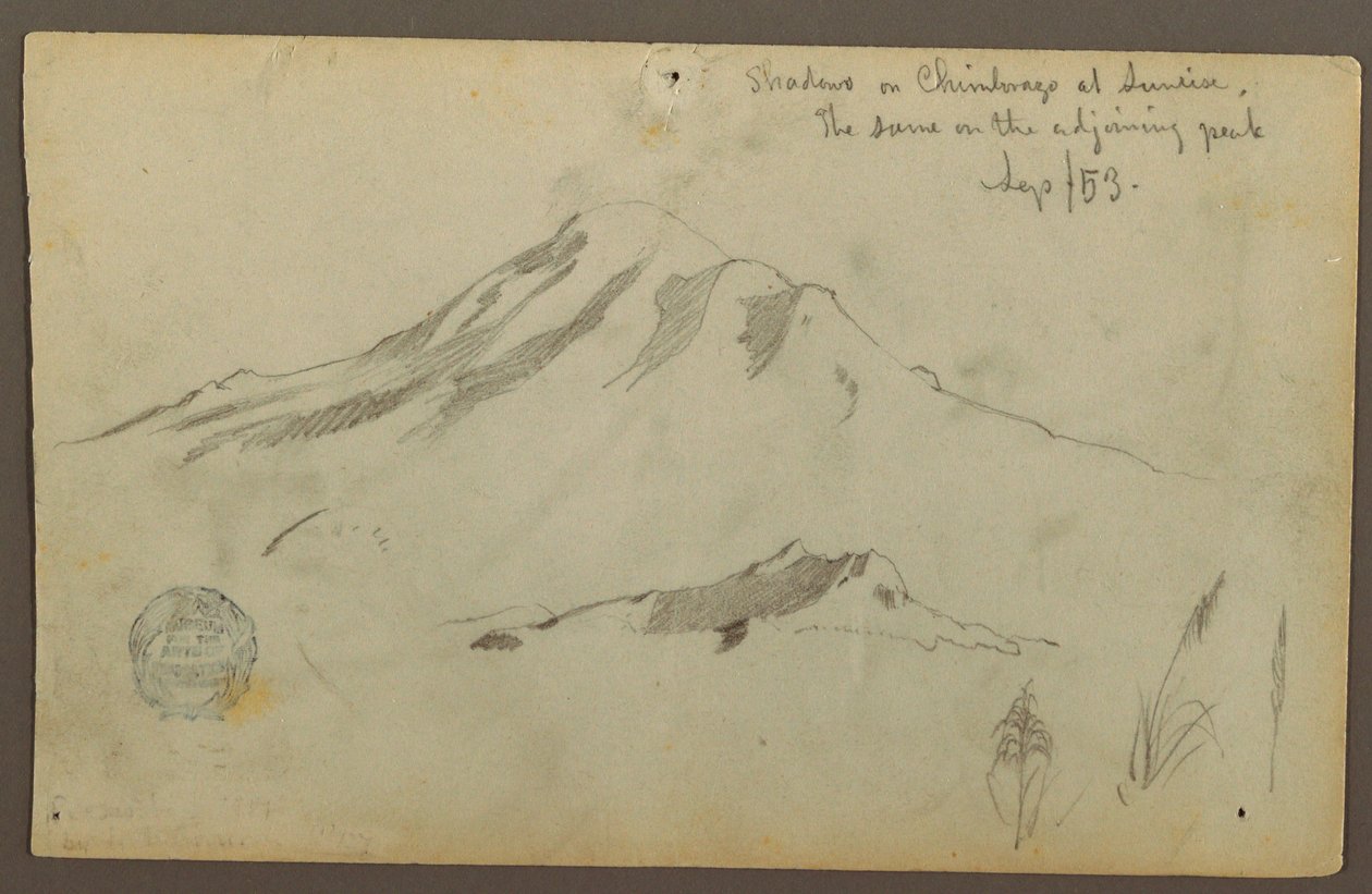 Dessin, lever de soleil sur le mont Chimborazo et trois détails de l