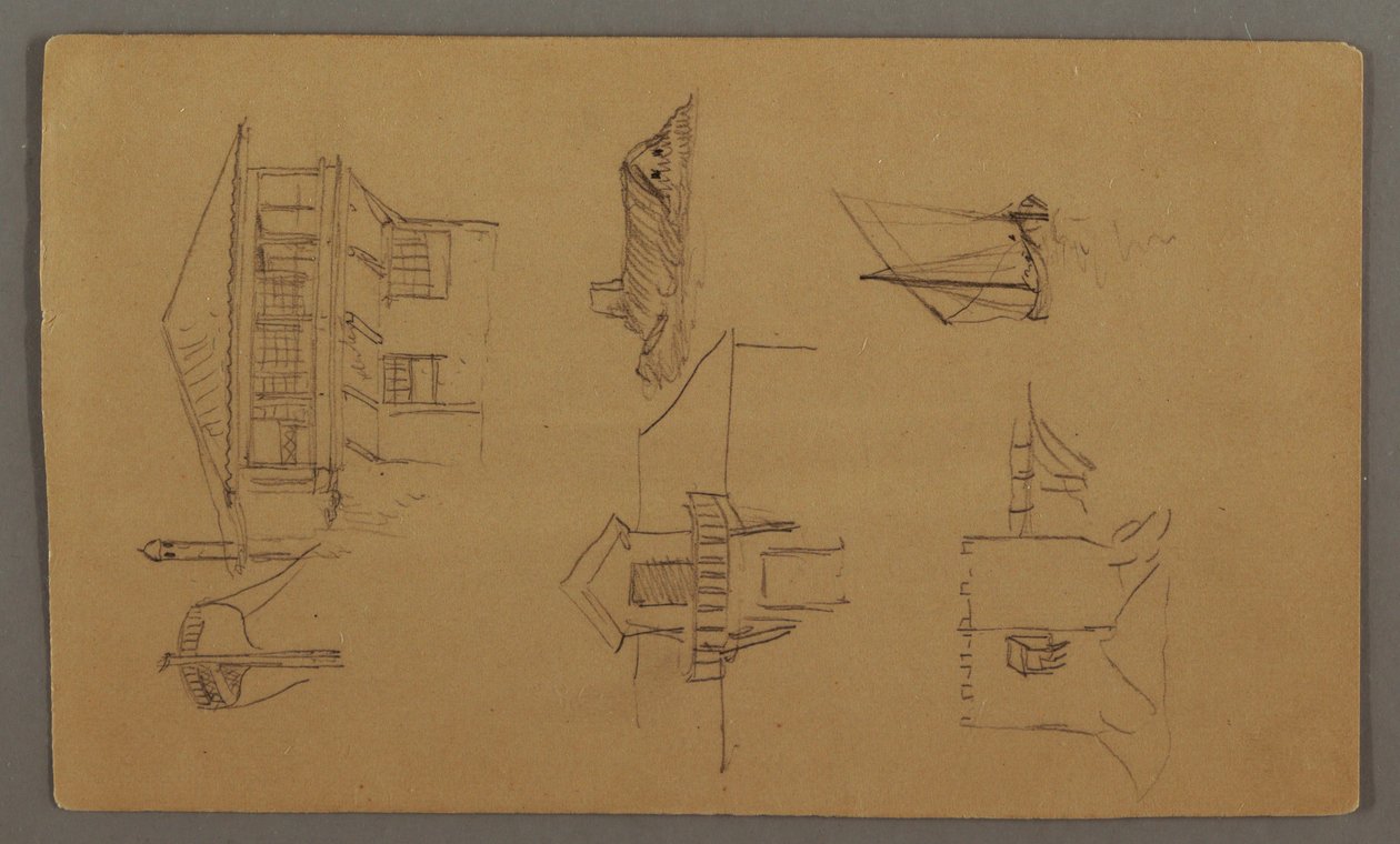 Dessin, maison en bois, deux voiliers, études de toit, peut-être 1868 - Frederic Edwin Church