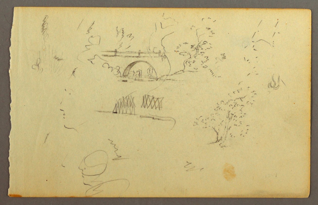 Dessin, Arbres, pont, visages de profil, peut-être 1844 - Frederic Edwin Church