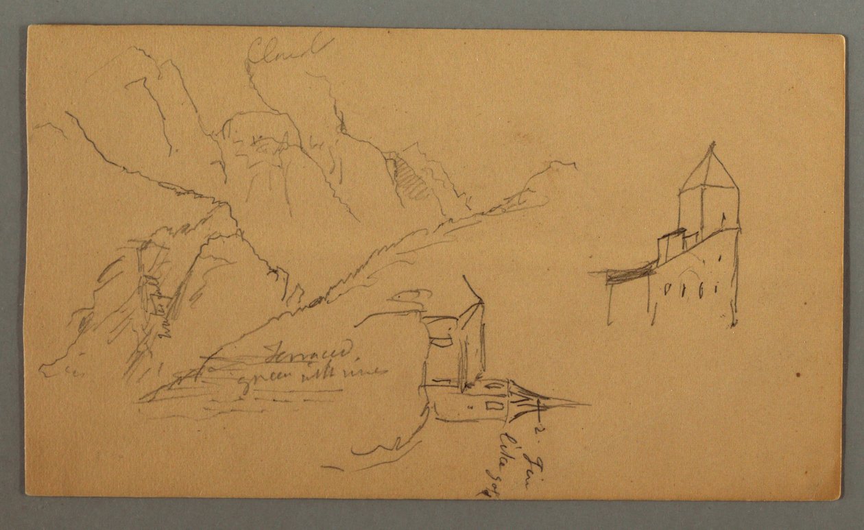 Dessin, deux églises, vallée, cascade, 1868 - Frederic Edwin Church
