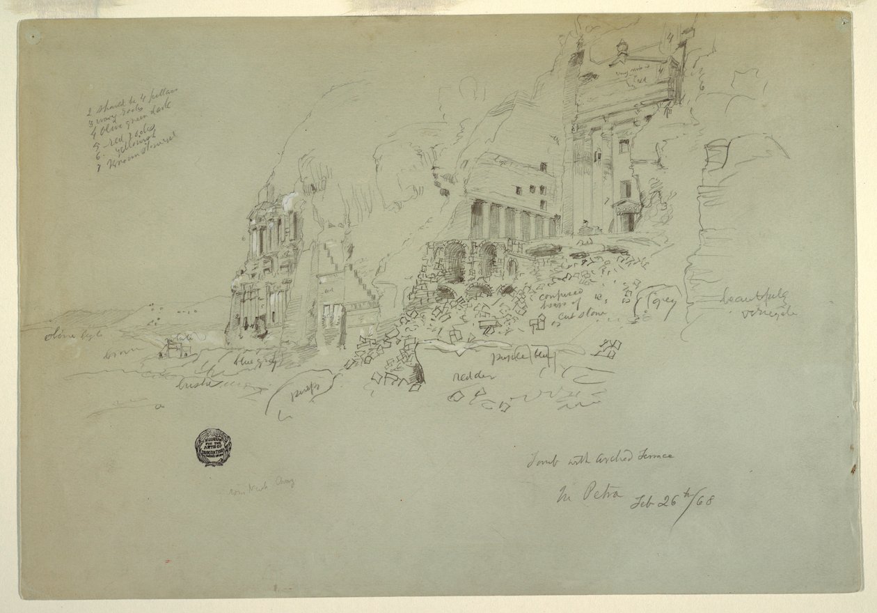 Dessin, tombeau à urnes, tombeau à soie et tombeau corinthien, Pétra, 26 février 1868 - Frederic Edwin Church