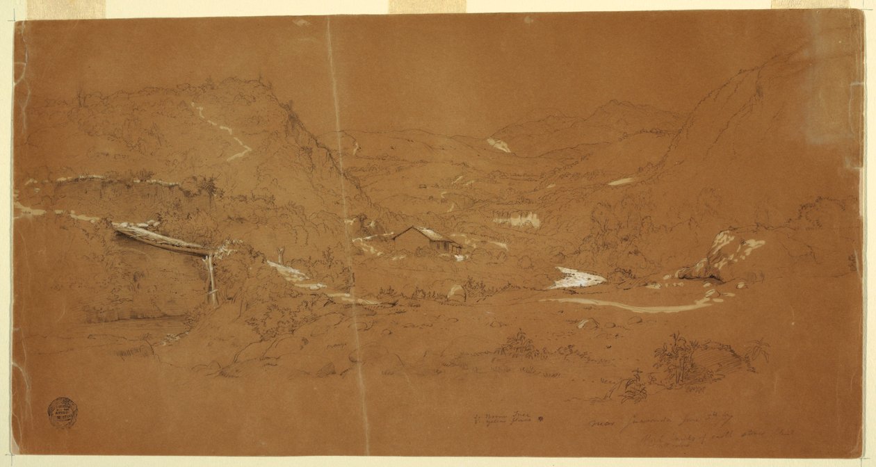 Dessin, vallée avec un pont et des maisons, près de Guaranda, Équateur, 5 juin 1857 - Frederic Edwin Church