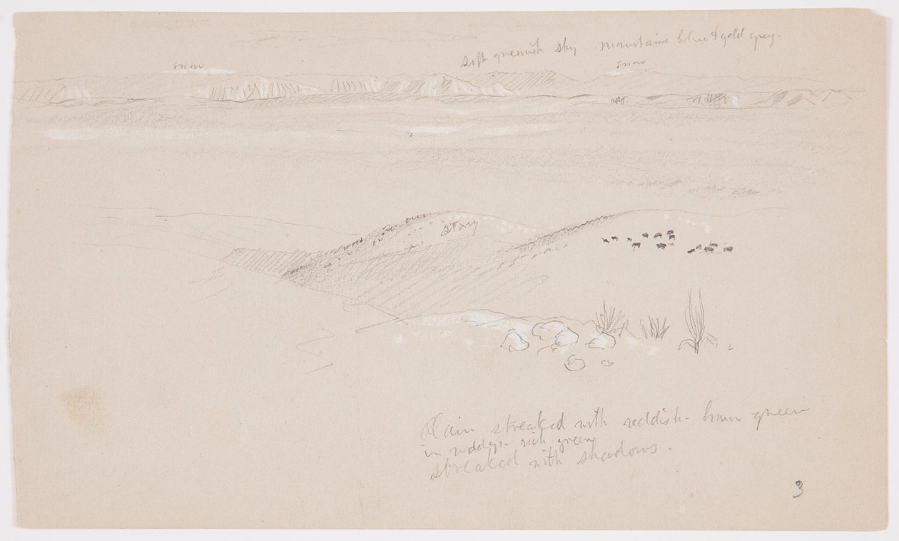 Dessin, vue sur les collines et la plaine en direction des montagnes, vallée d