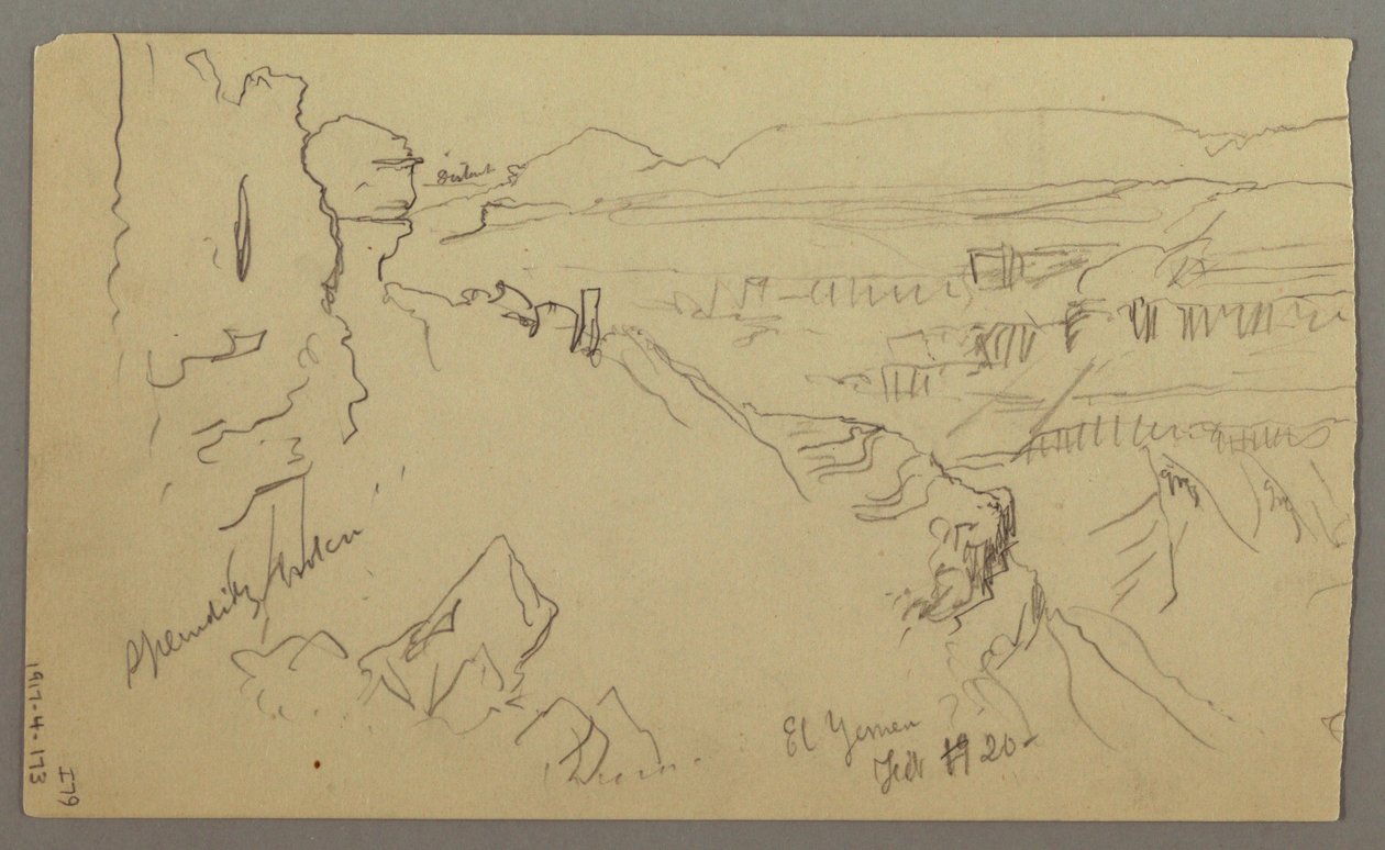 Dessin, vue sur les collines et la plaine en direction des montagnes, vallée d