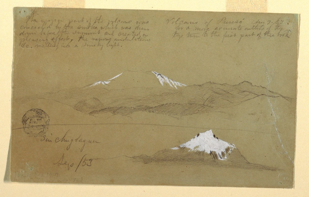 Dessin, vues du volcan Puresé, Colombie et du mont Sincholagua, Équateur, 9 août et septembre 1853 - Frederic Edwin Church