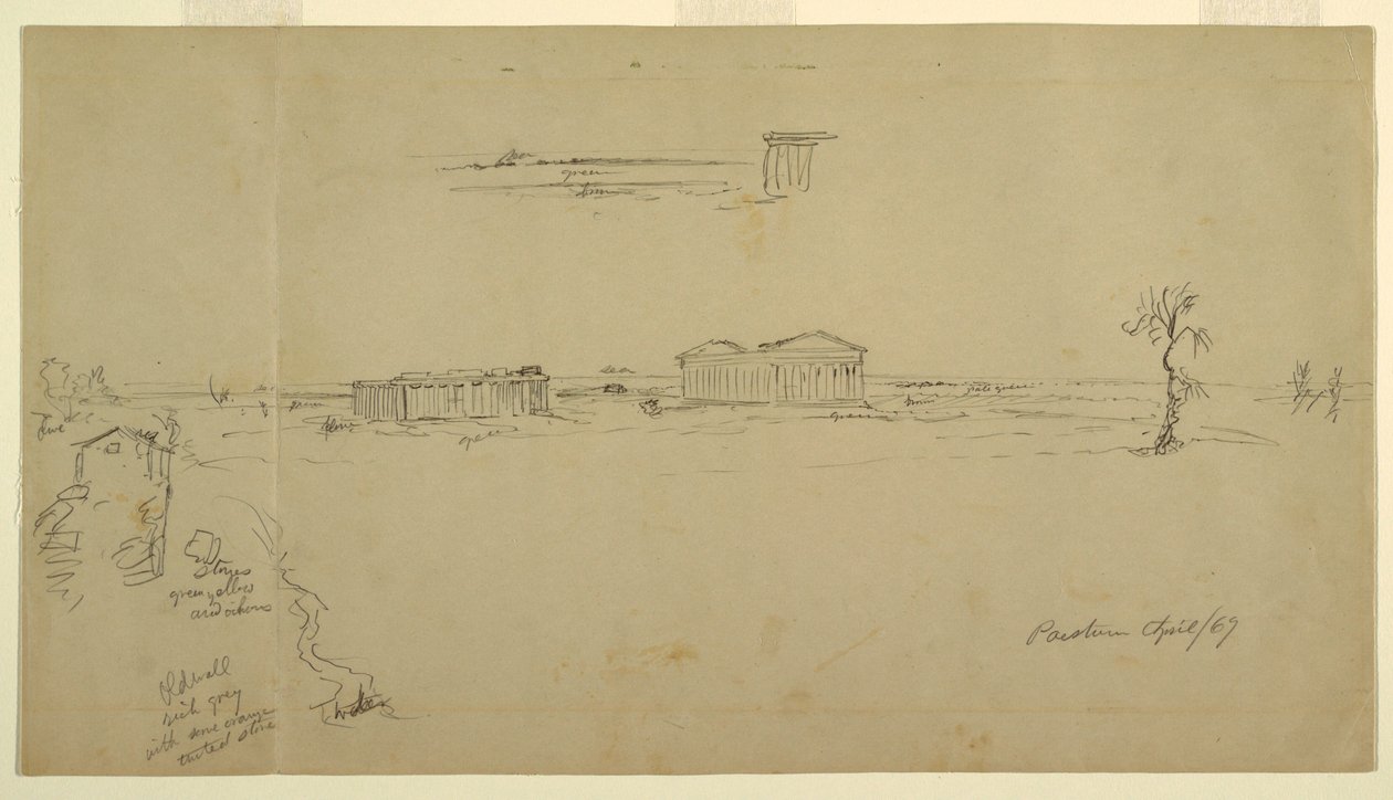 Dessin, Vues de la basilique et du temple de Neptune, Paestum, Italie, avril 1869 - Frederic Edwin Church