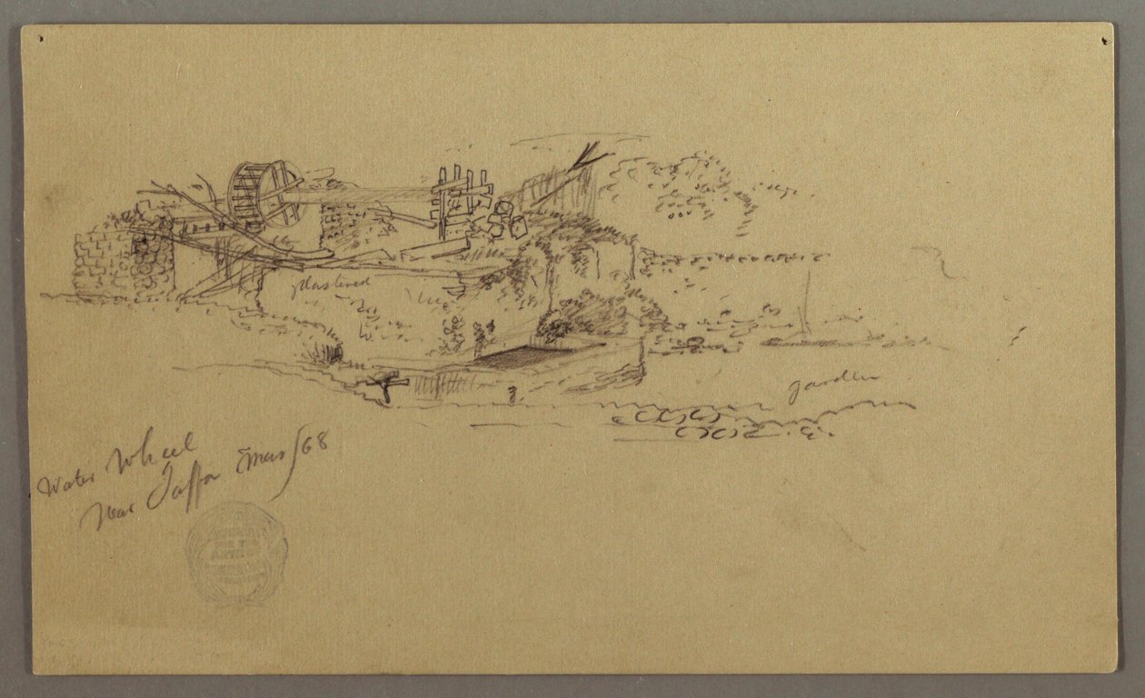 Dessin, roue à eau avec bassin dans un jardin, Jaffa, Palestine [Tel Aviv, Israël], mars 1868 - Frederic Edwin Church