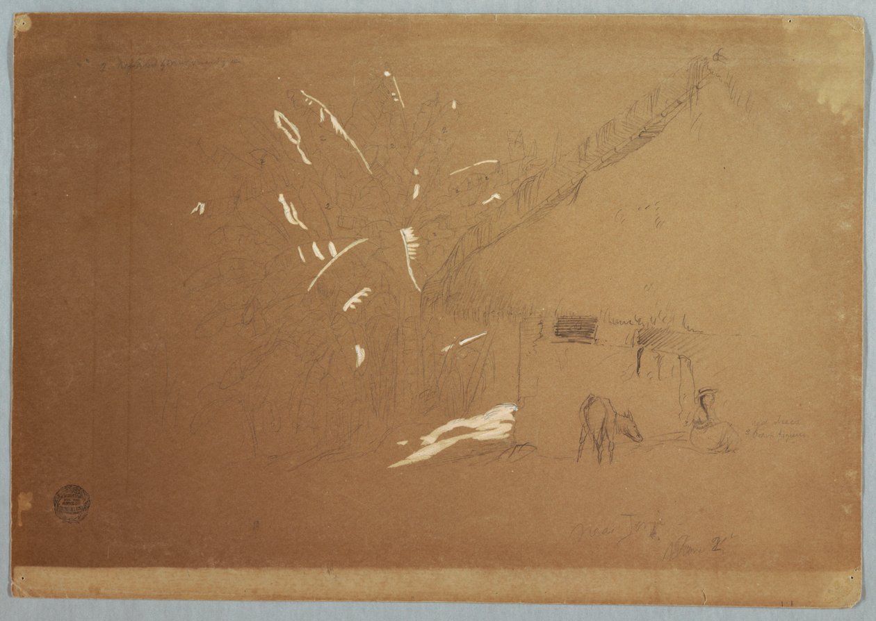 Femme assise et âne broutant devant une maison près de Jorje, Équateur - Frederic Edwin Church