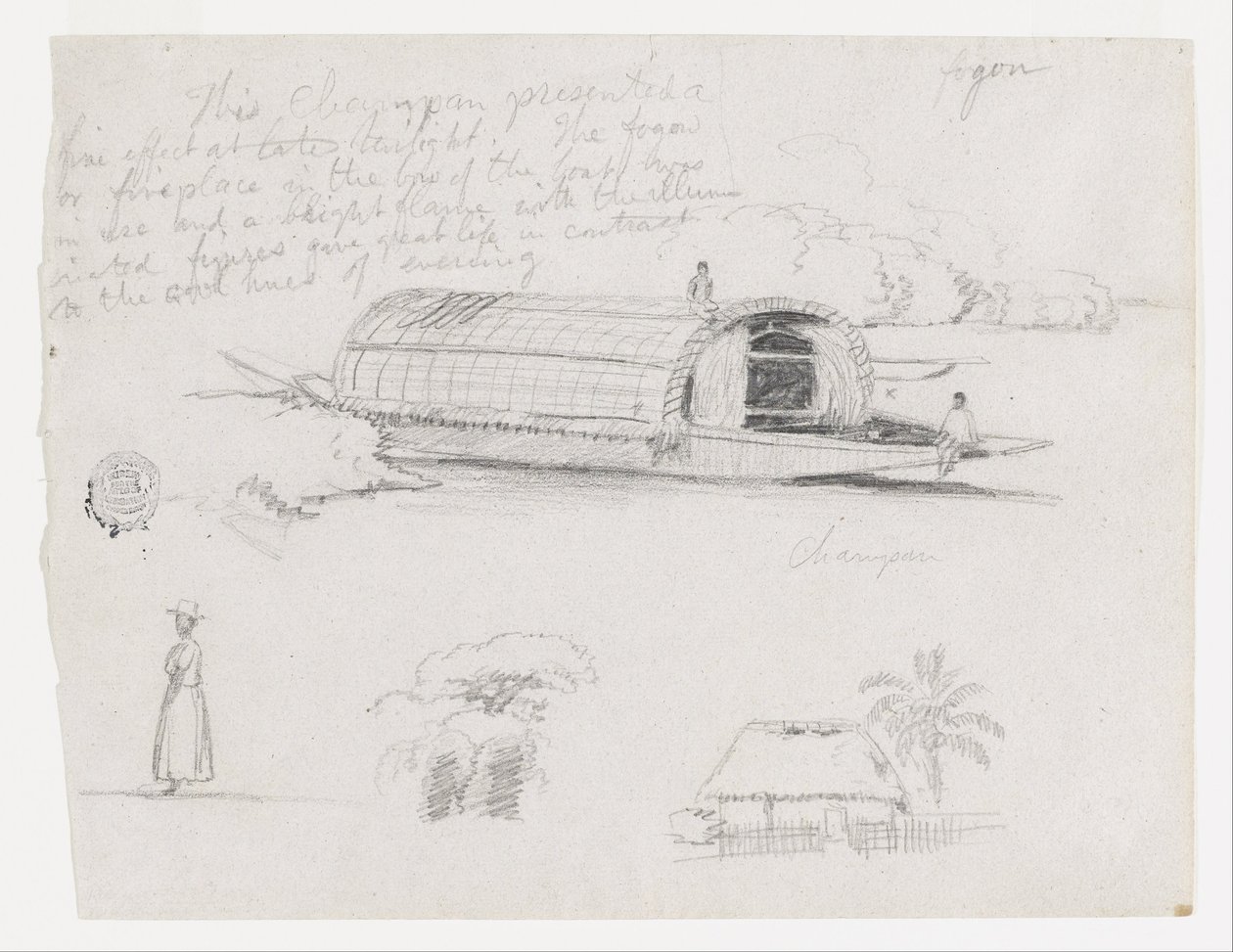 Croquis de Colombie : Rivière artisanale (Champan), une femme, un groupe d