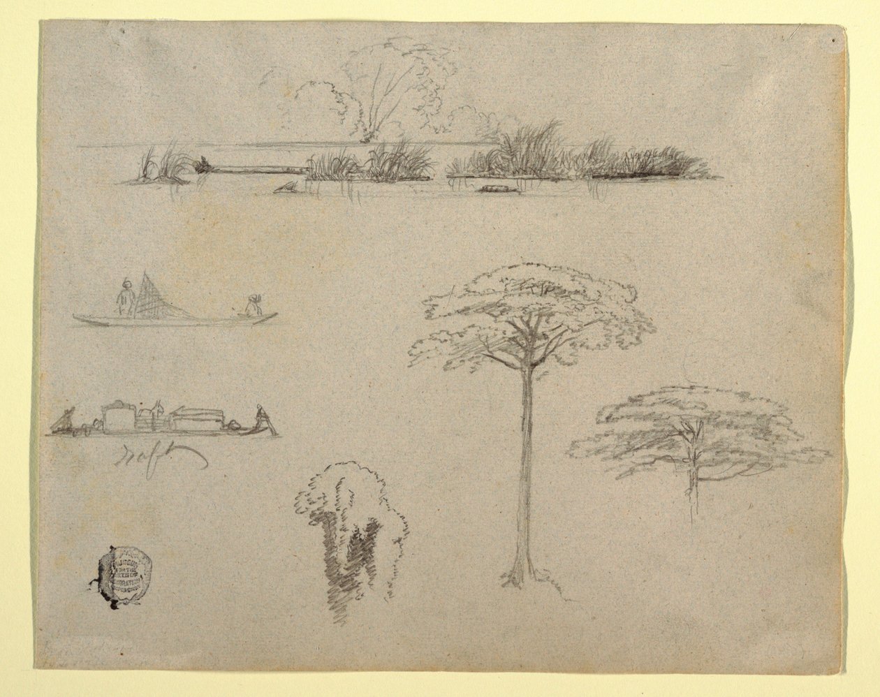 Croquis de Colombie : Paysage fluvial, hommes sur des radeaux et arbres - Frederic Edwin Church