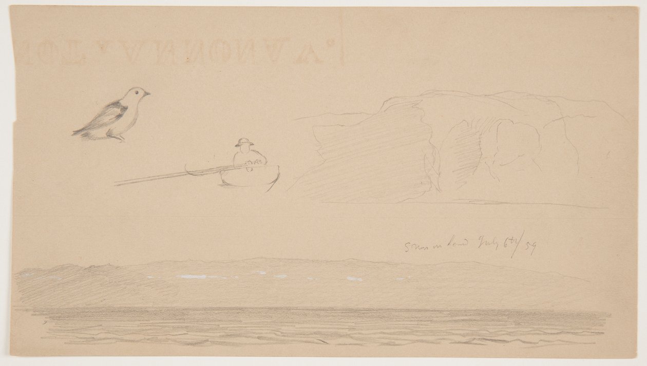 Croquis du Labrador de la neige sur la terre, homme dans un bateau et oiseau - Frederic Edwin Church