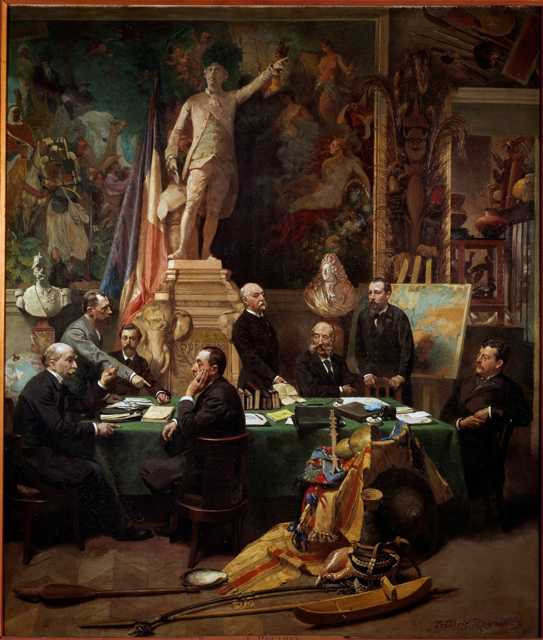 Les Délégués des Colonies en novembre 1892 De gauche à droite : Chesse (Tahiti), Mager (Diego Suarez), Dussac (Nossy-Be), de Faymoreau (Mayotte), Jules Ferry (Annam et Tonkin), Soller (Guinée française), Cudenet (Nouvelle-Calédonie). Peinture de Frédéric R - Frederic Regamey